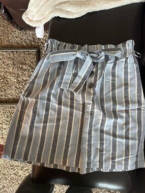 Angie Blue & White Striped Tie-Waist Mini Skirt Elastic Paper-bag Waist